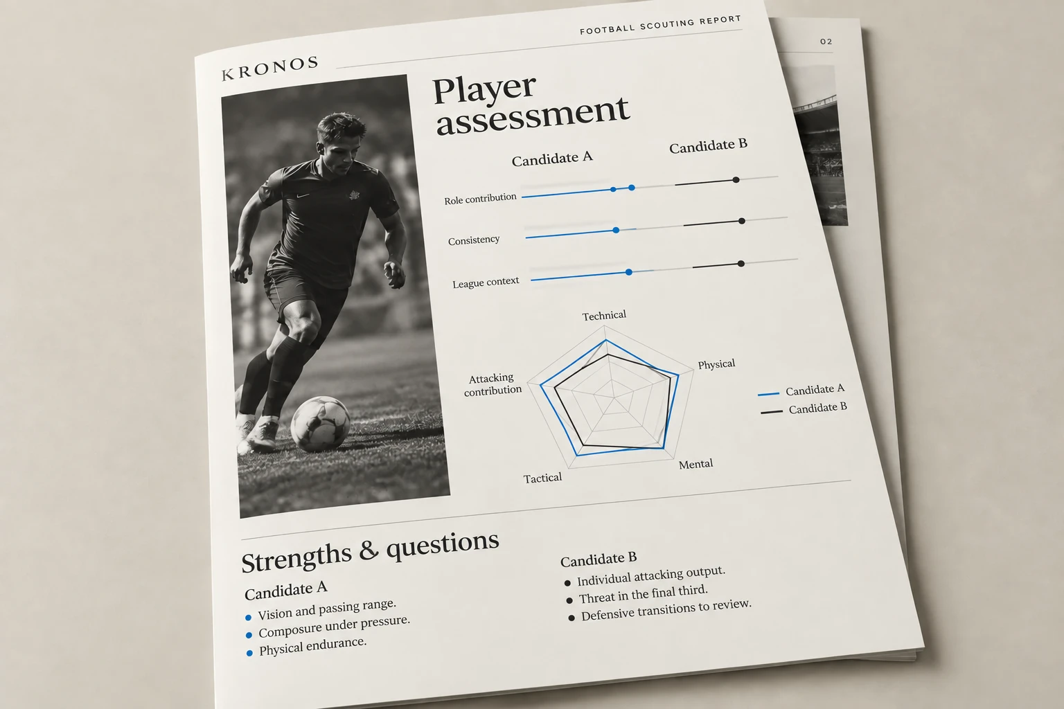 Player assessment comparing two candidates on role contribution, consistency and league context